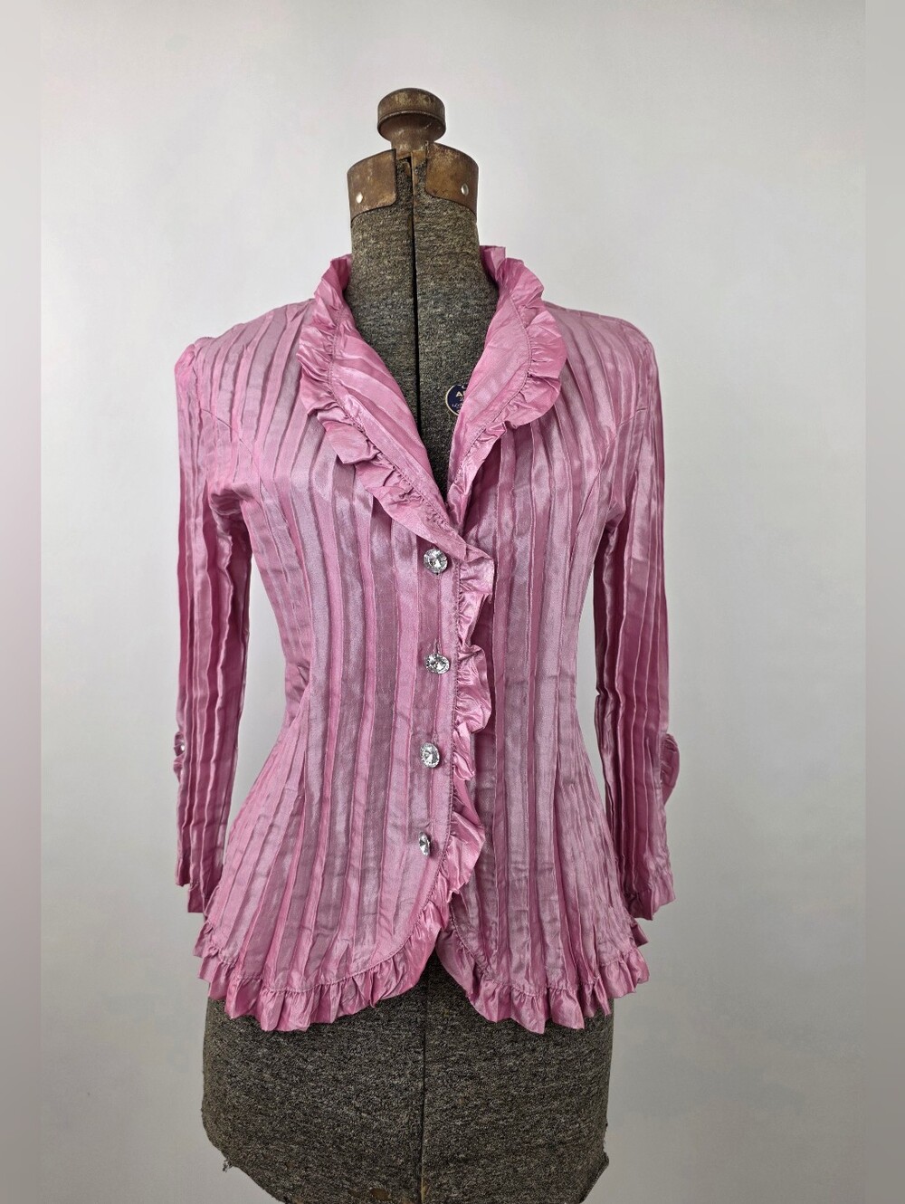 MSK Women's Dusty Rose Chrome Pleated Ruffle Crystal Button Top Size Small